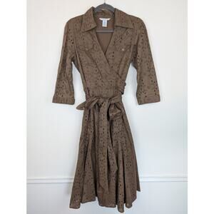 CAbi Midi Dress Floral Eyelet Faux Wrap Shirt Retro Rockabilly Brown Size 8